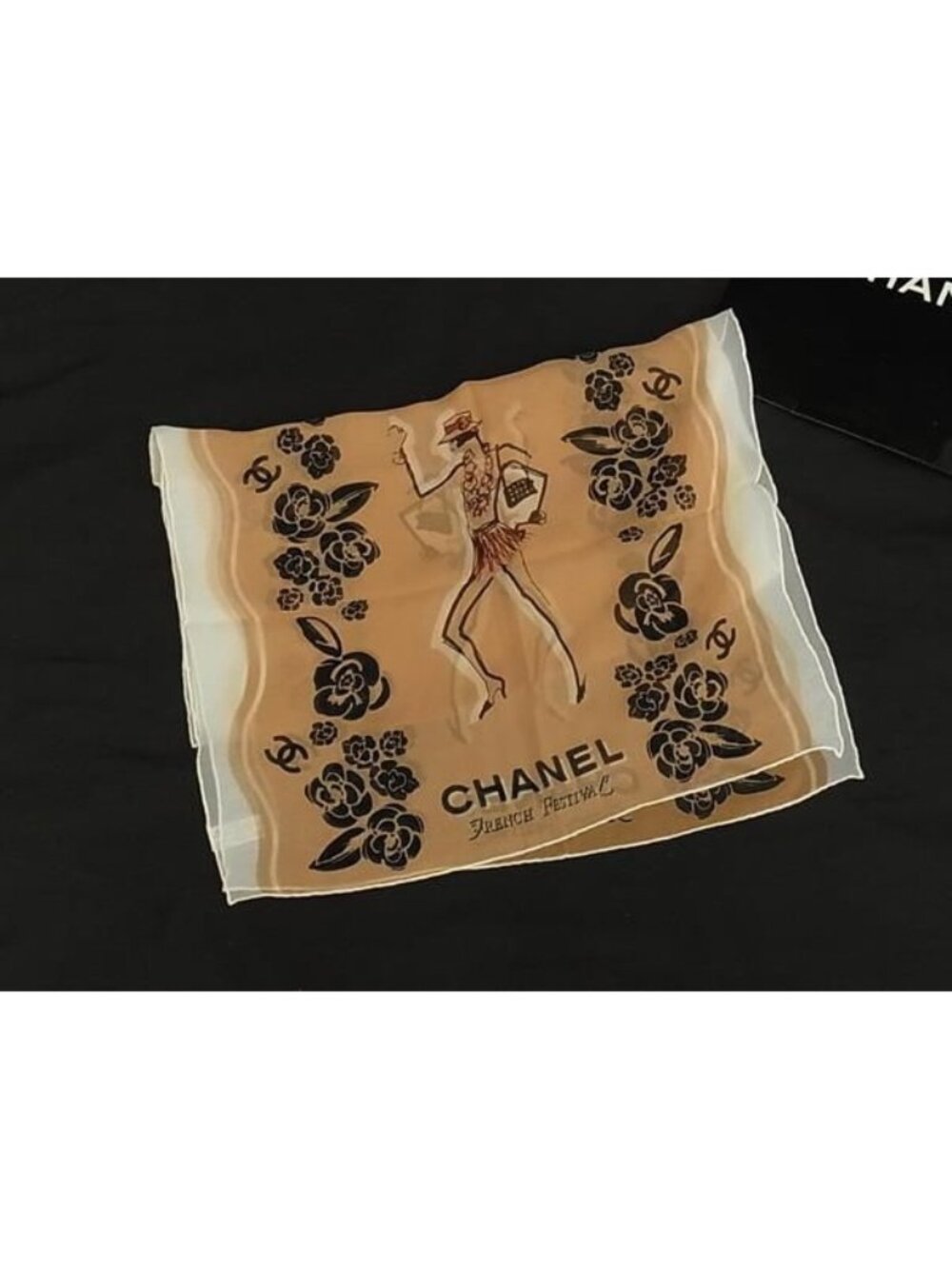 Chanel CC Logo Camellia Silk 100% Shawl White Multicolor Scarf